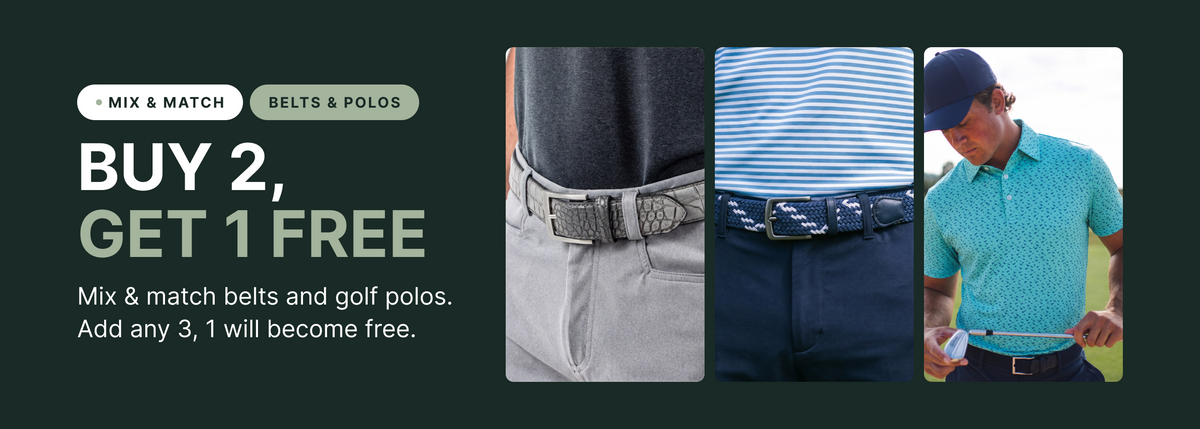 Buy 2, get 1 free on golf belts and polos