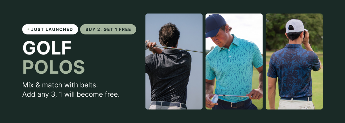 Golf polos: buy 2, get 1 free, mix and match with belts